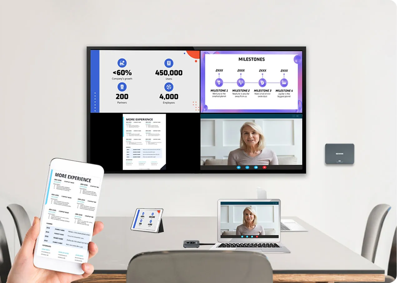 a conference room display showing 4 different contents from wireless screen sharing system